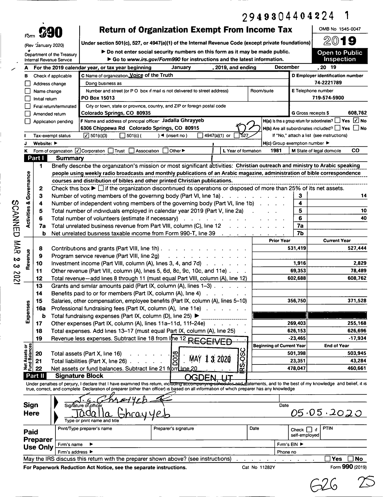 Image of first page of 2019 Form 990 for Voice of the Truth