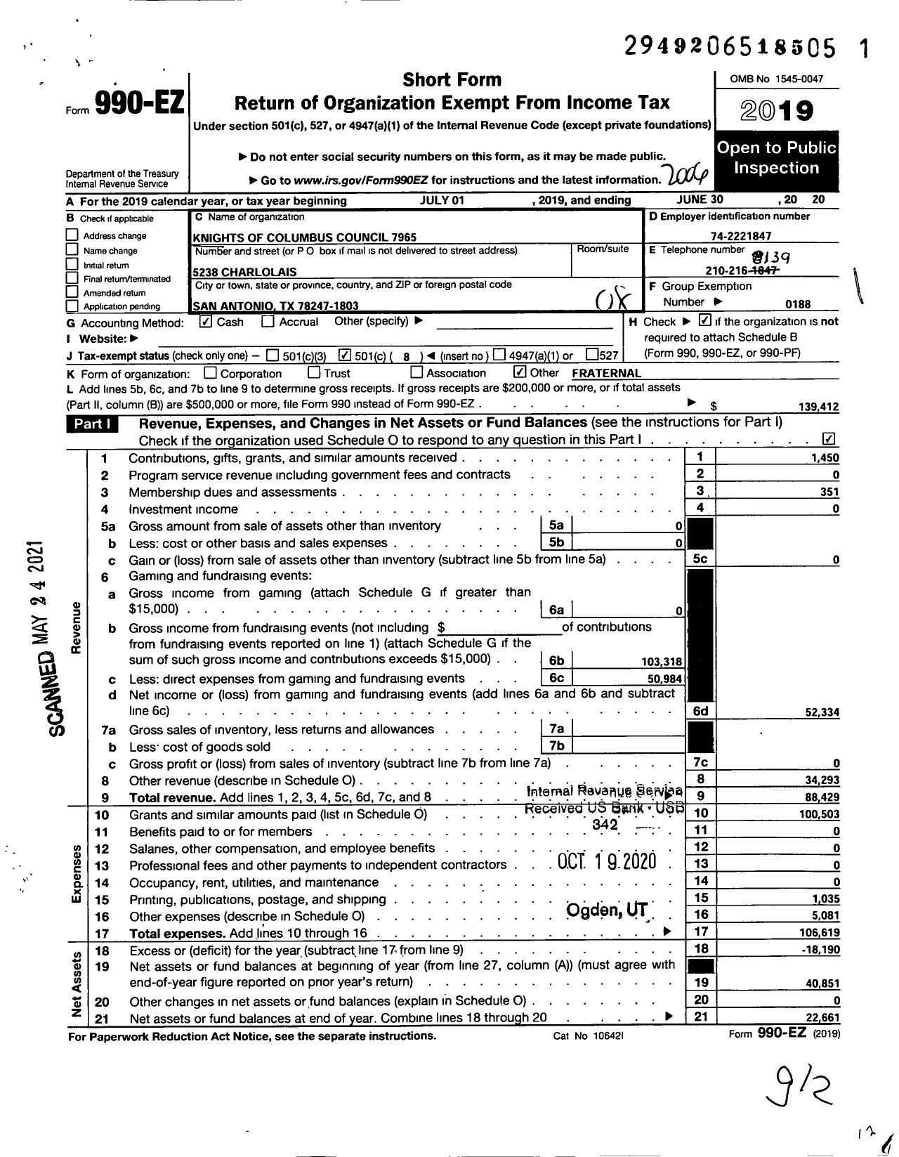 Image of first page of 2019 Form 990EO for Knights of Columbus - 7965 St Helenas Council