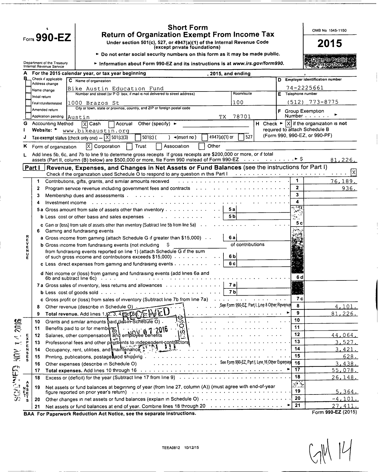 Image of first page of 2015 Form 990EZ for Bike Austin Education Fund