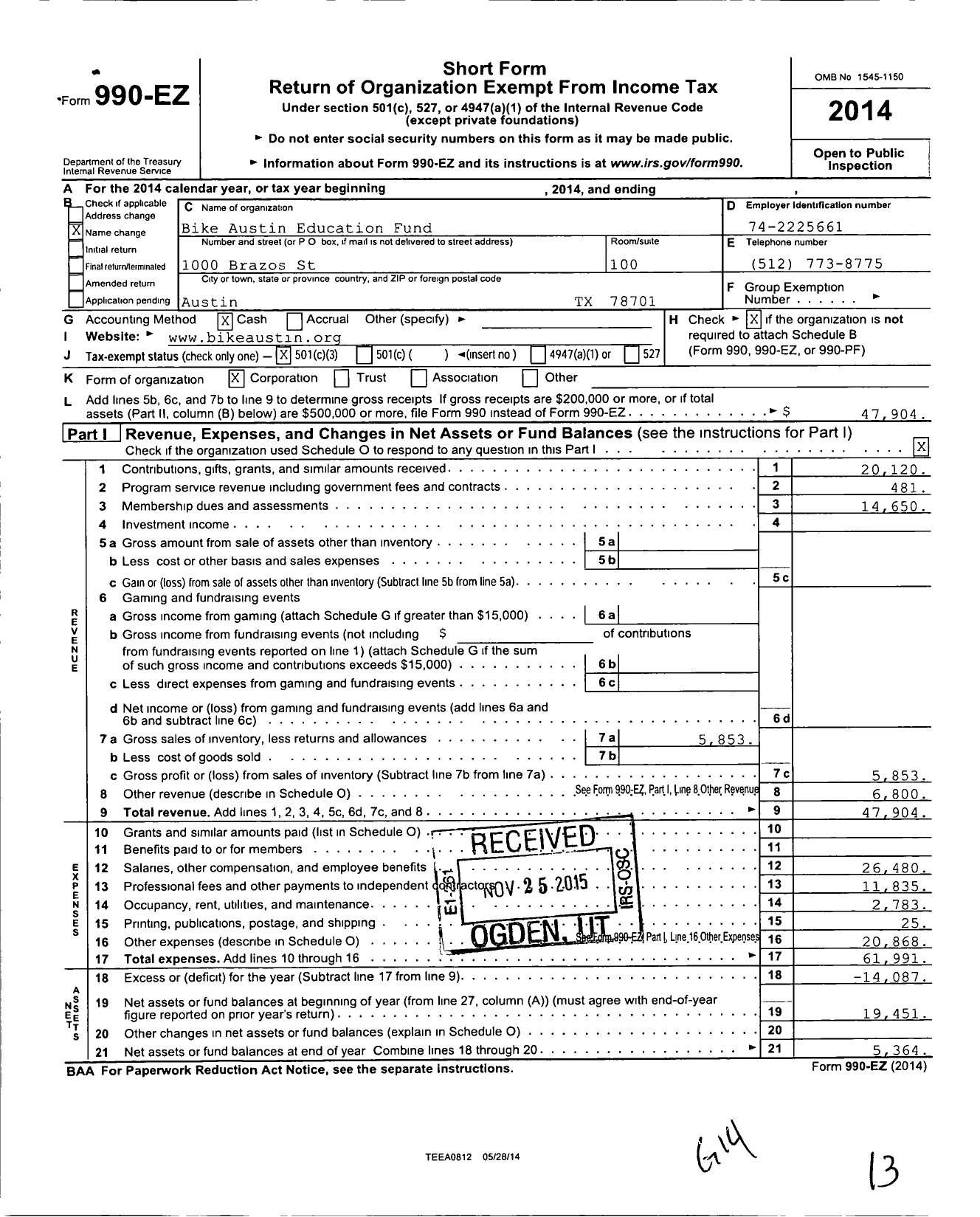 Image of first page of 2014 Form 990EZ for Bike Austin Education Fund