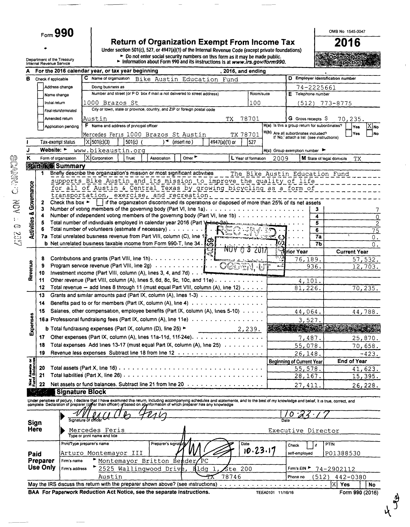 Image of first page of 2016 Form 990 for Bike Austin Education Fund