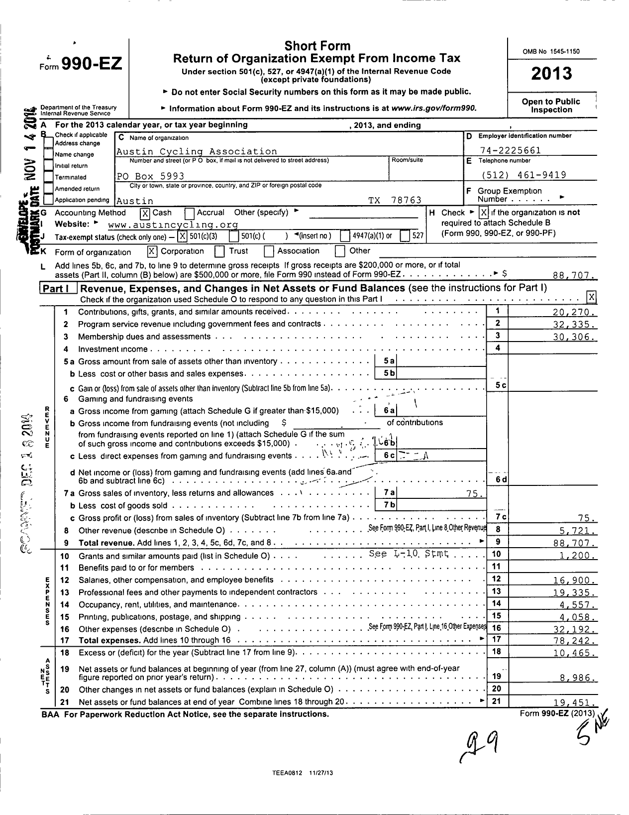 Image of first page of 2013 Form 990EZ for Safe Streets Austin