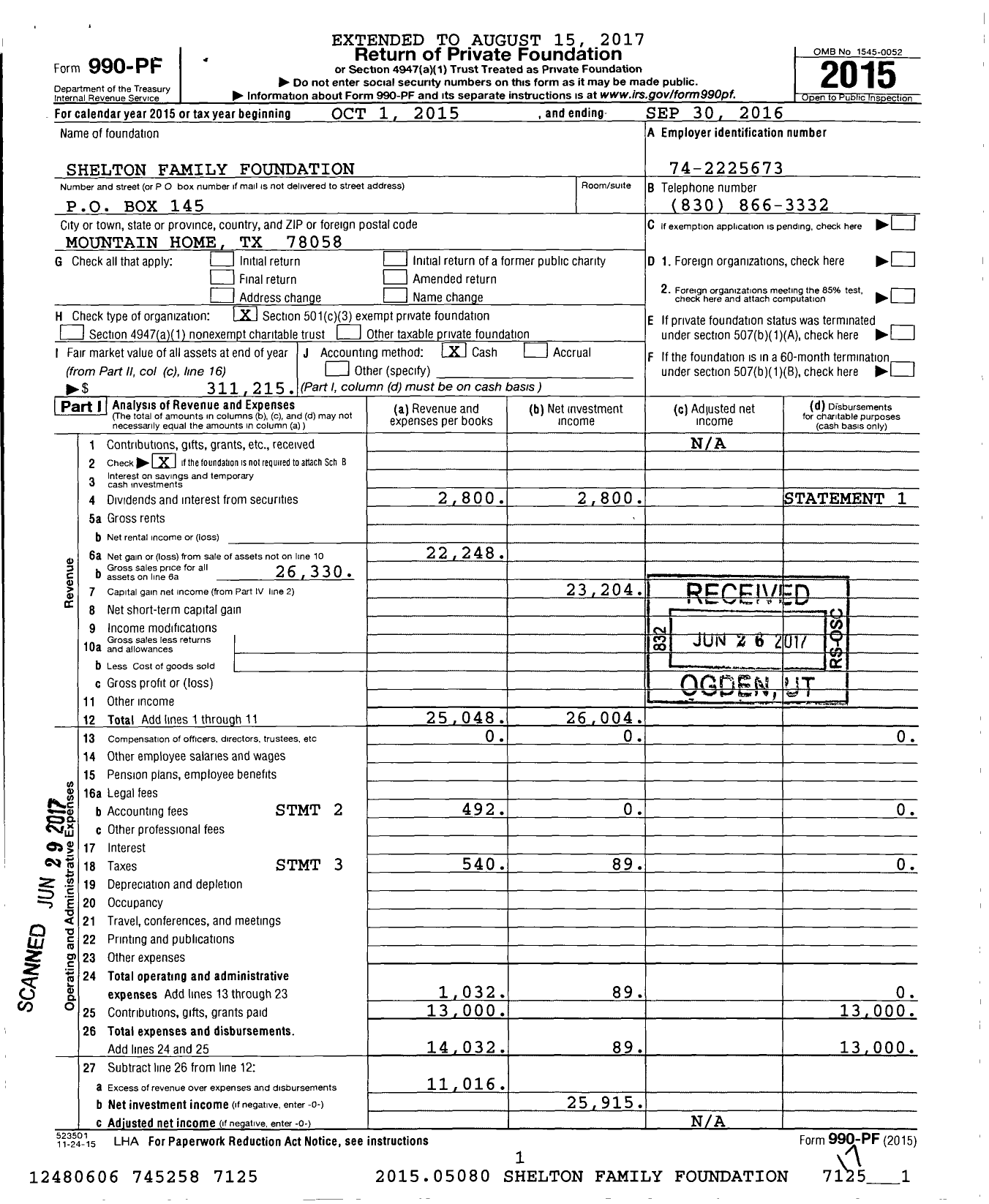 Image of first page of 2015 Form 990PF for Shelton Family Foundation