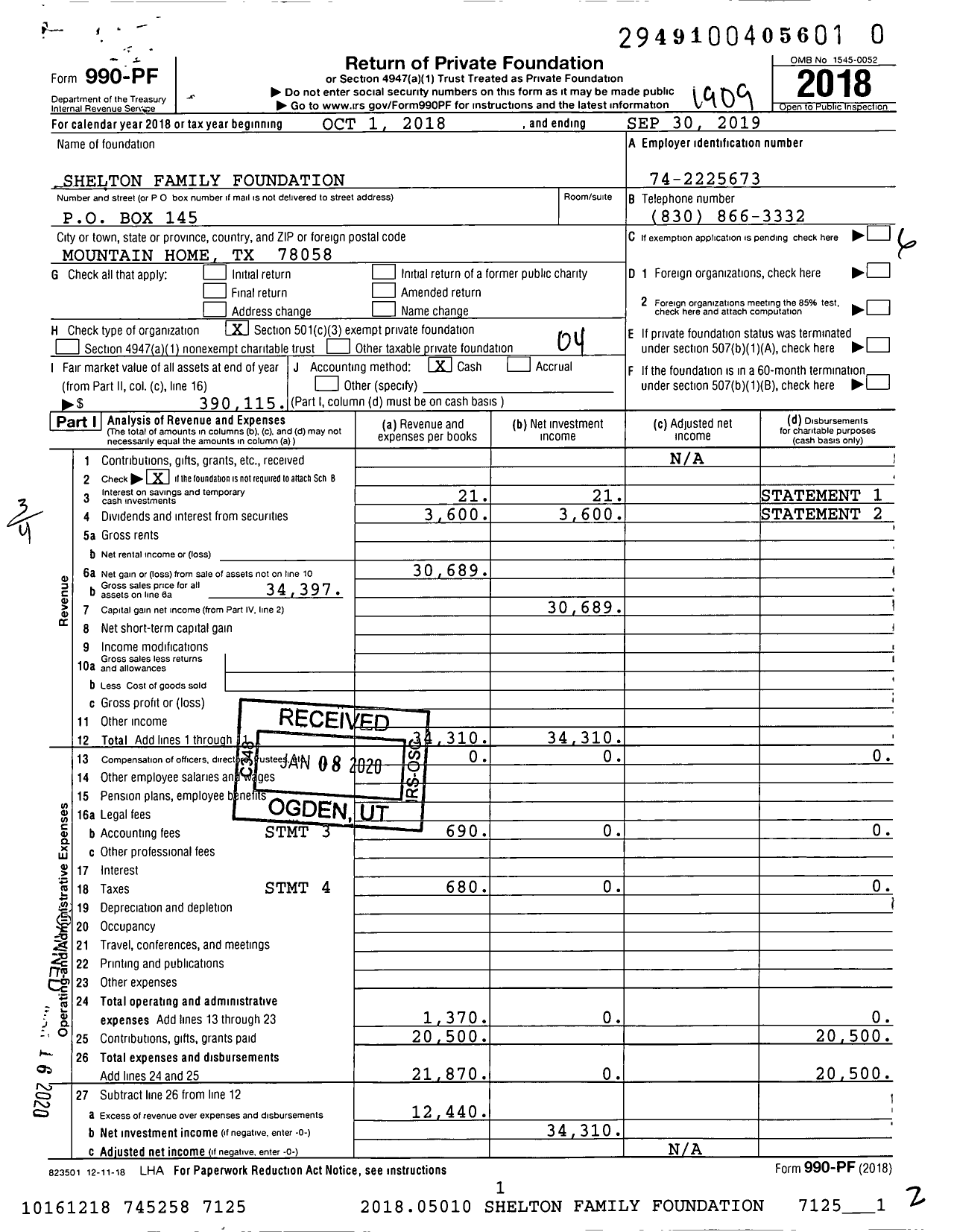 Image of first page of 2018 Form 990PR for Shelton Family Foundation
