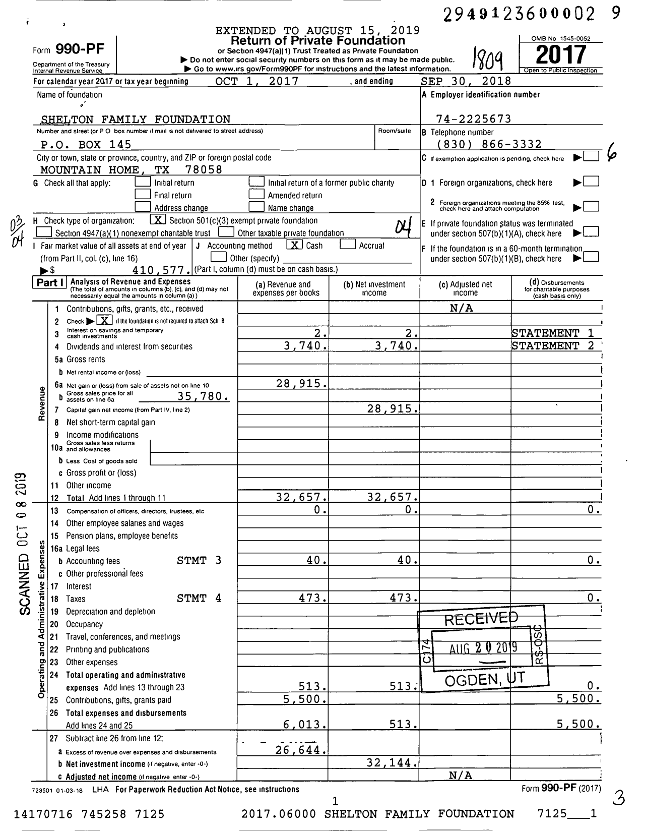 Image of first page of 2017 Form 990PF for Shelton Family Foundation