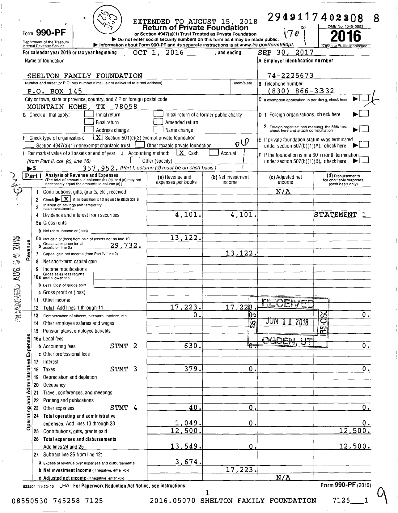 Image of first page of 2016 Form 990PF for Shelton Family Foundation
