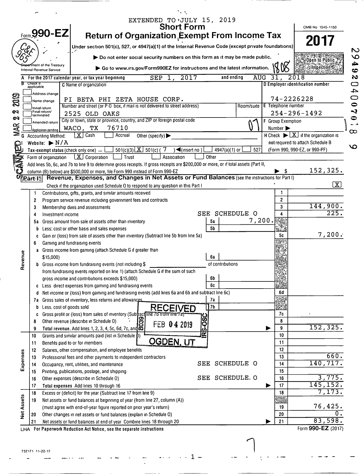 Image of first page of 2017 Form 990EO for Pi Beta Phi Zeta House Corporation