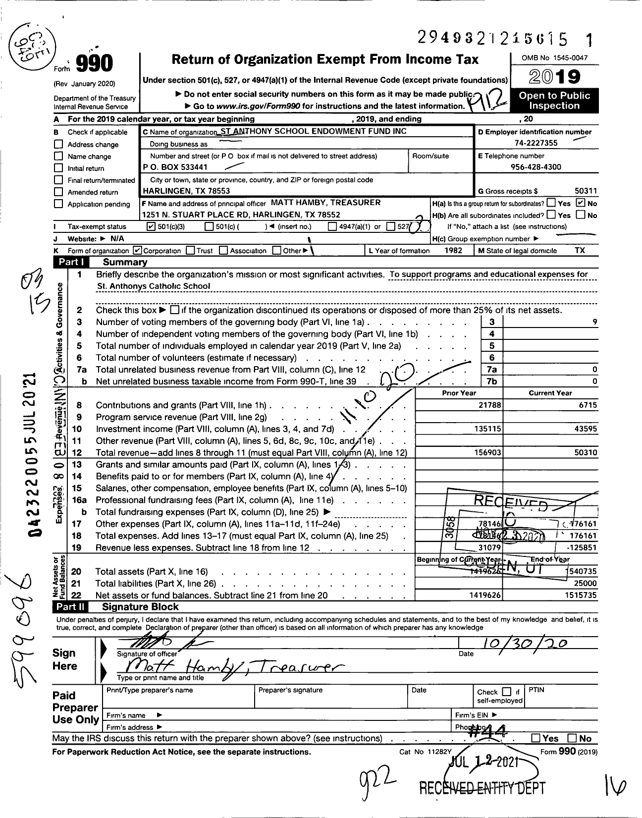 Image of first page of 2019 Form 990 for St Anthonys School Endowment Fund