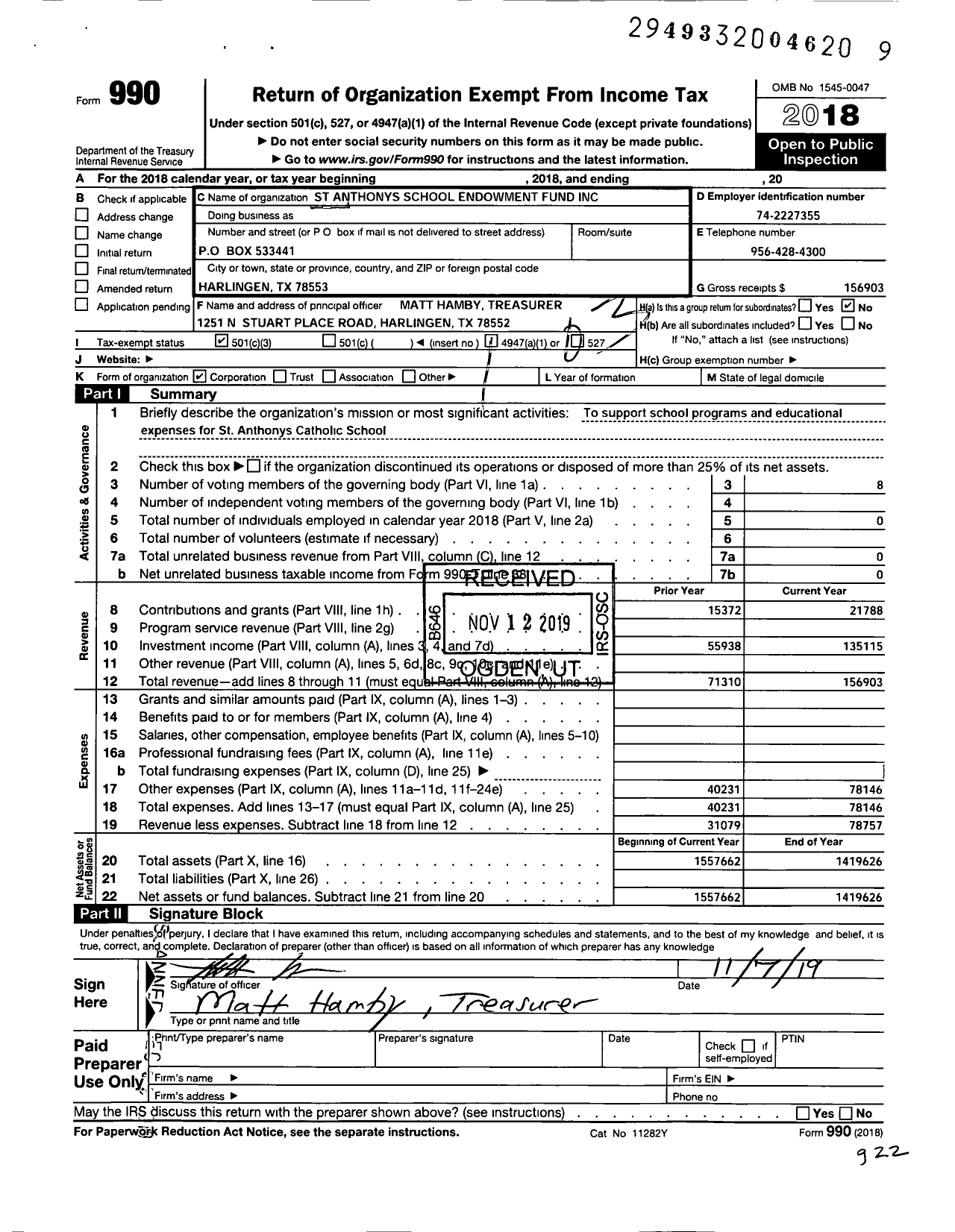 Image of first page of 2018 Form 990 for St Anthonys School Endowment Fund