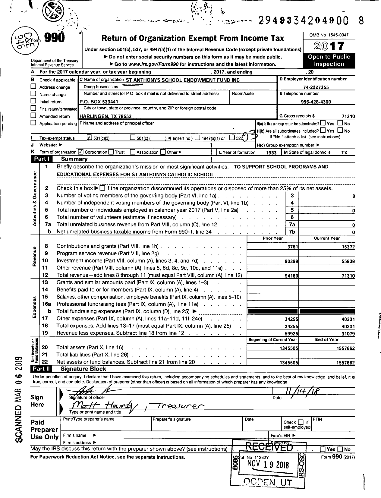 Image of first page of 2017 Form 990 for St Anthonys School Endowment Fund