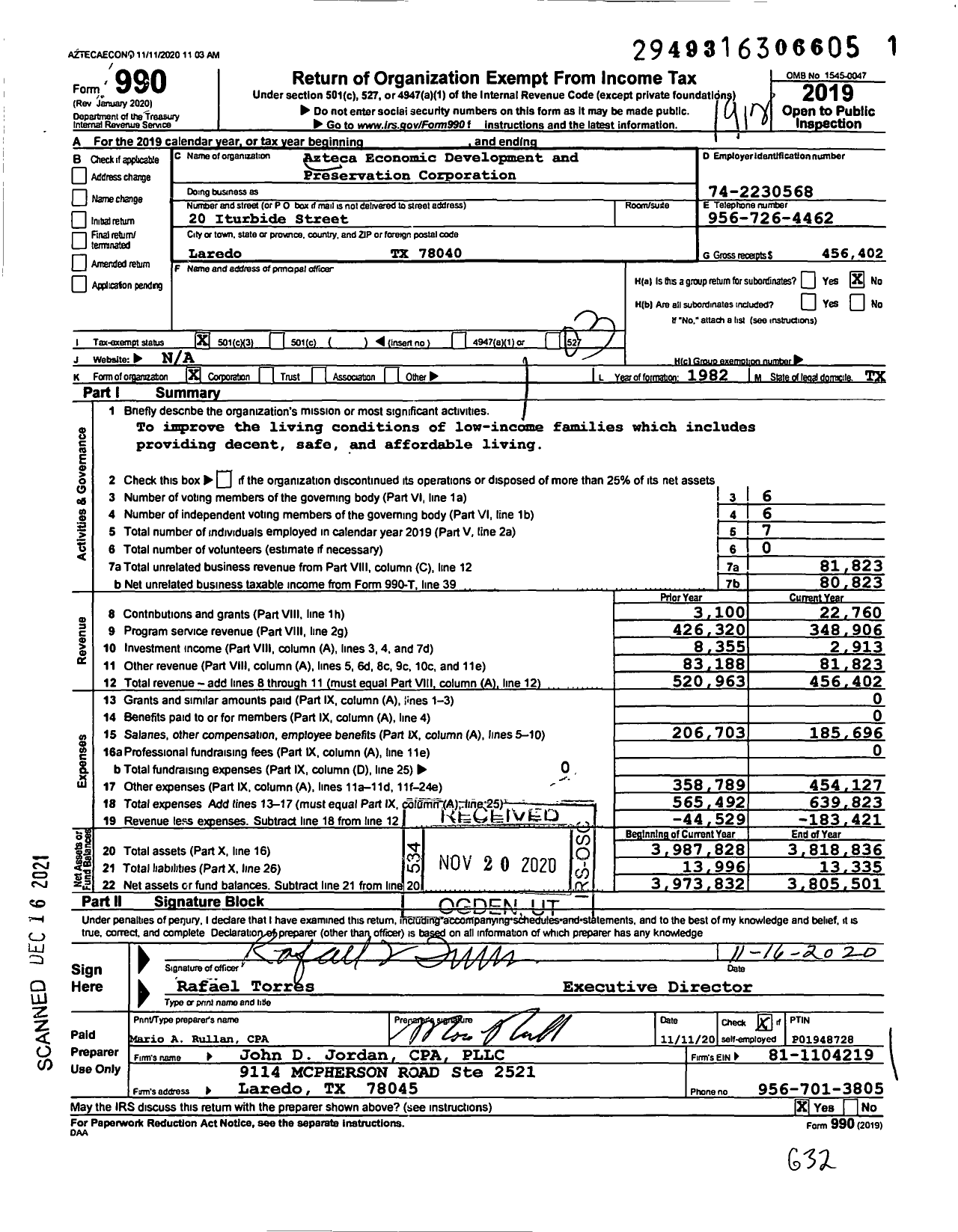 Image of first page of 2019 Form 990 for Azteca Economic Development and Preservation Corporation
