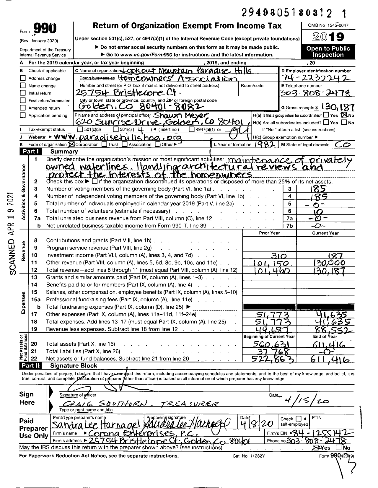 Image of first page of 2019 Form 990O for Lookout Mountain Paradise Hills HOA