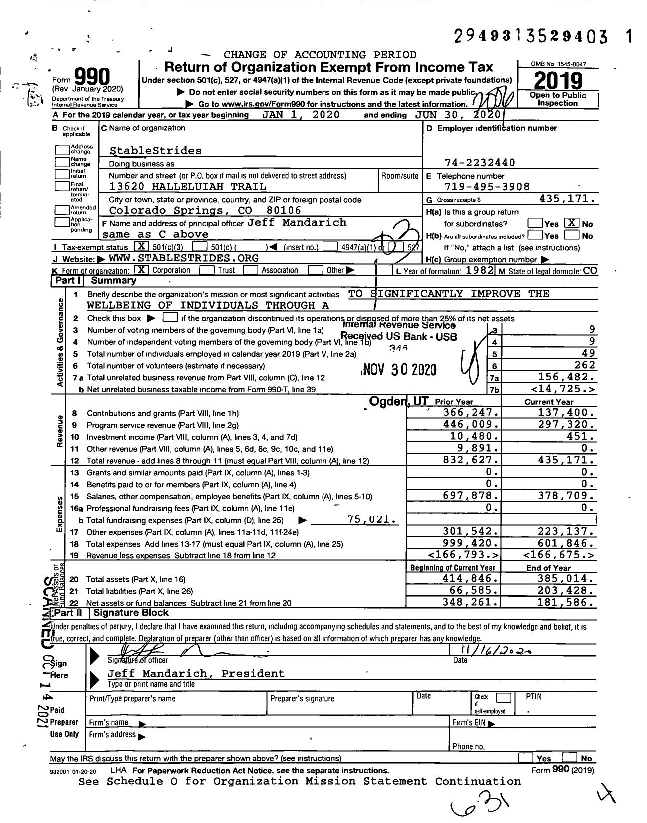 Image of first page of 2019 Form 990 for StableStrides