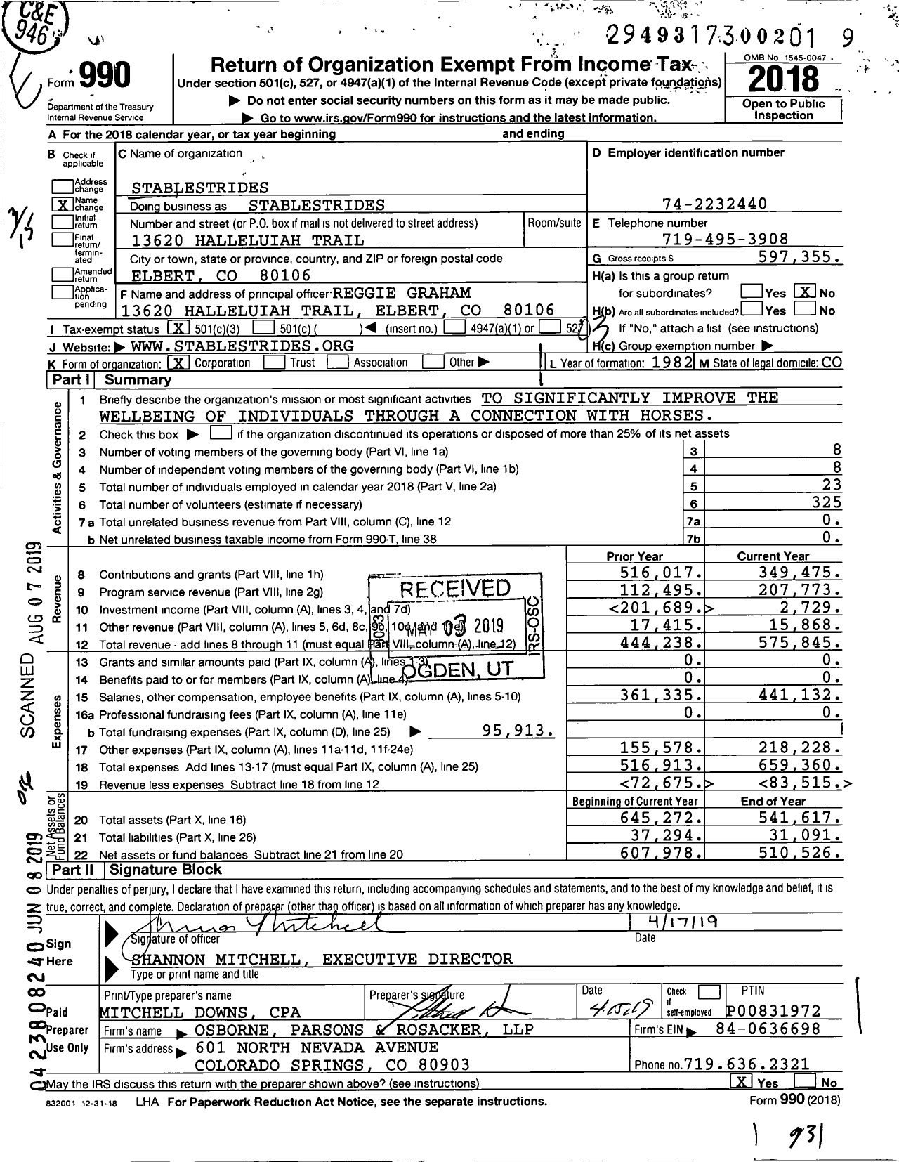 Image of first page of 2018 Form 990 for StableStrides