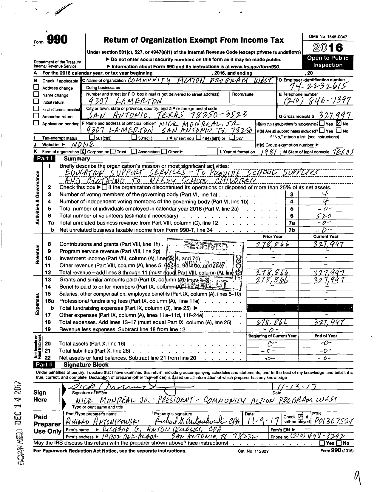 Image of first page of 2016 Form 990O for Community Action Program West