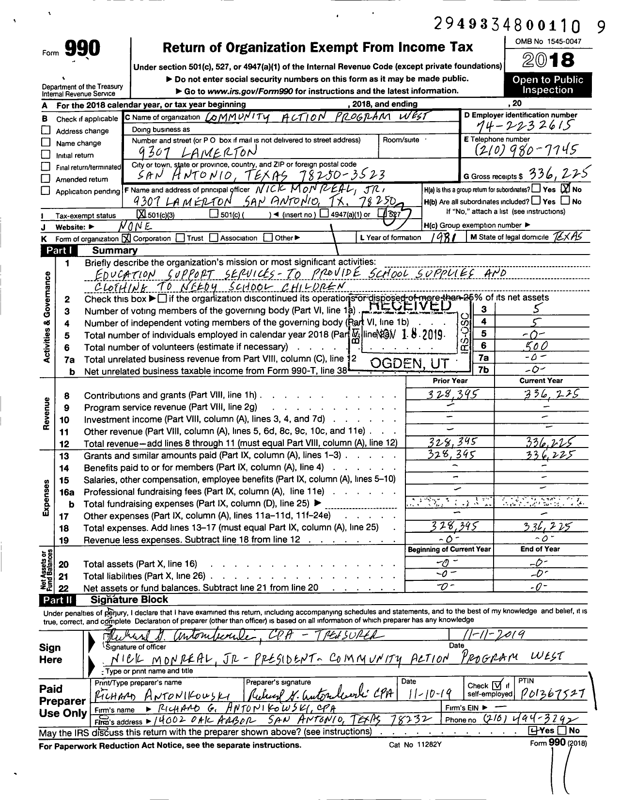 Image of first page of 2018 Form 990 for Community Action Program West