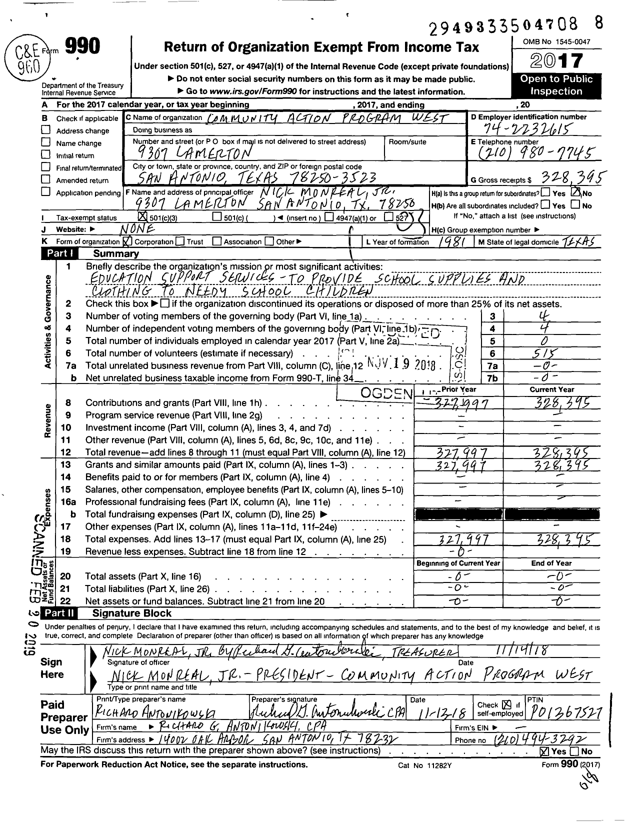 Image of first page of 2017 Form 990 for Community Action Program West