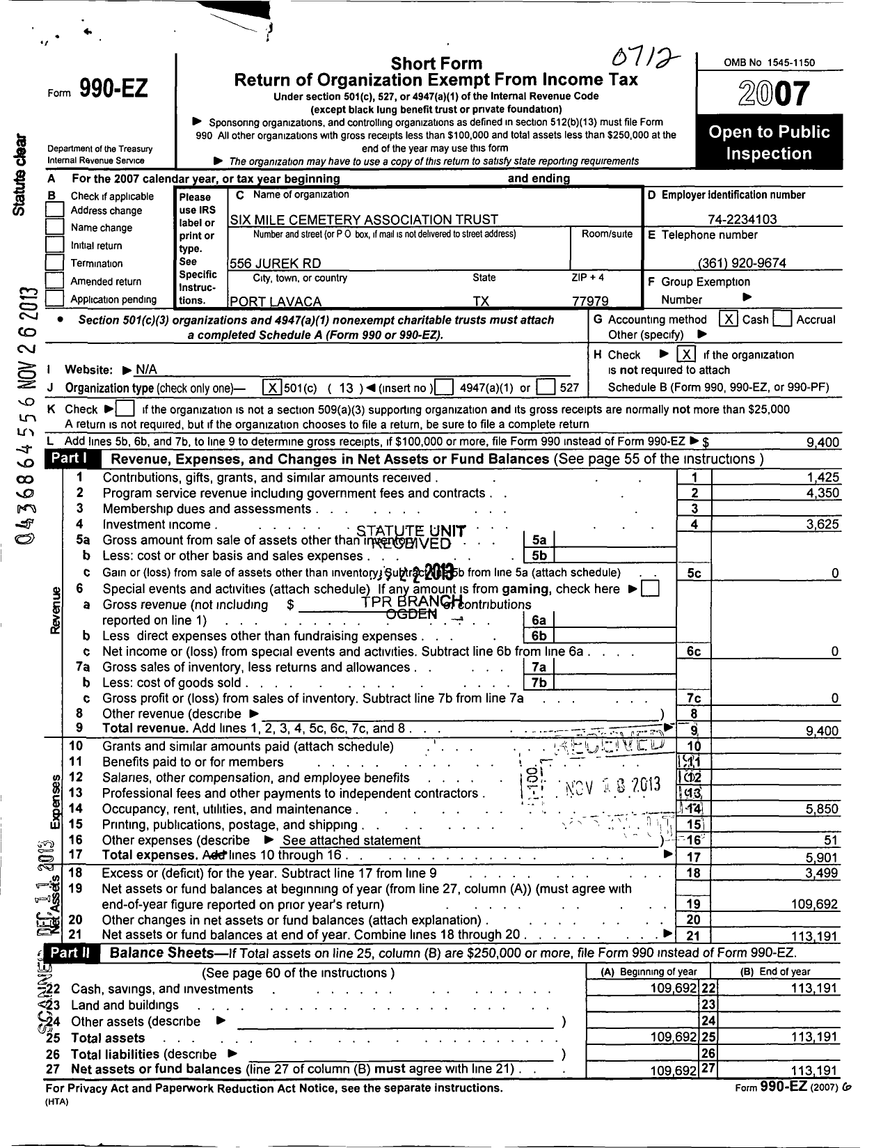 Image of first page of 2007 Form 990EO for Six Mile Cemetary Association Trust