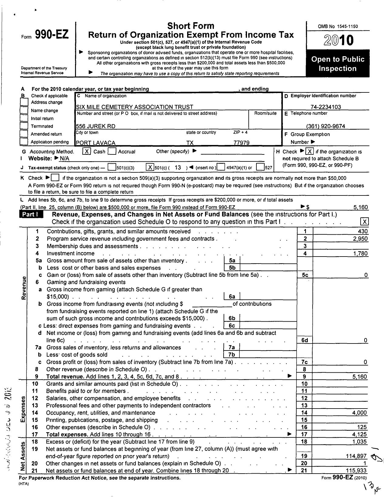 Image of first page of 2010 Form 990EO for Six Mile Cemetary Association Trust