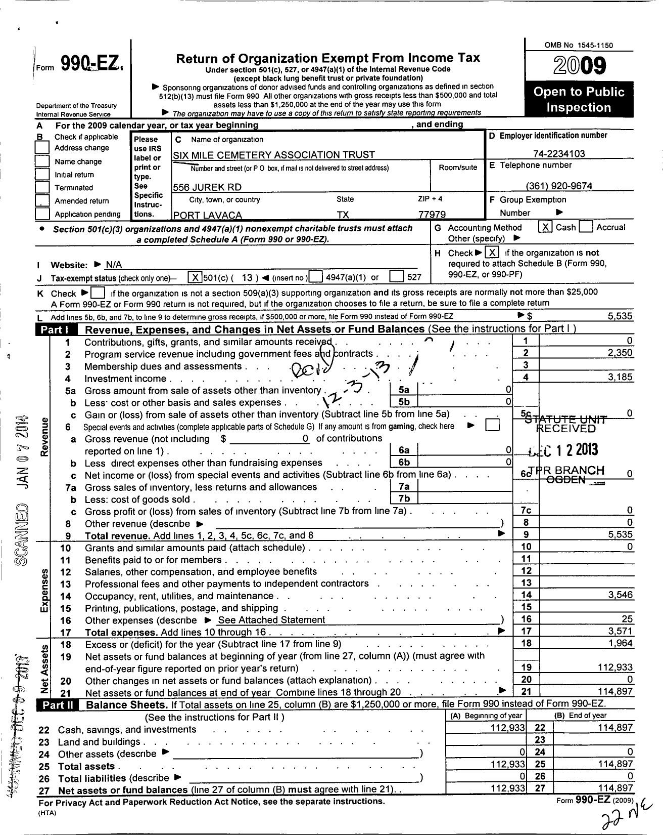 Image of first page of 2009 Form 990EO for Six Mile Cemetary Association Trust