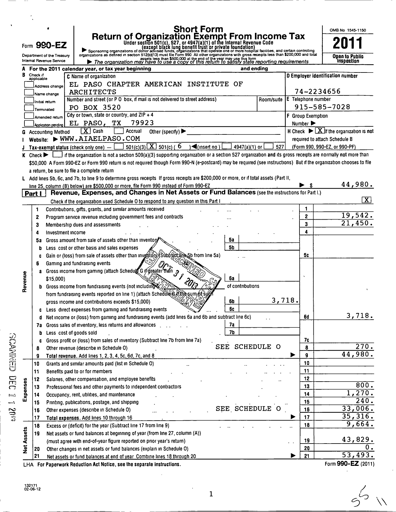 Image of first page of 2011 Form 990EO for El Paso Chapter American Institute of Architects