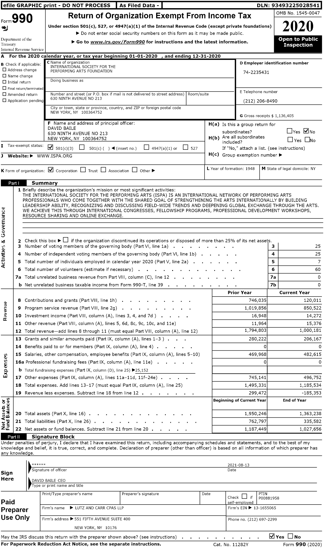 Image of first page of 2020 Form 990 for International Society for the Performing Arts Foundation