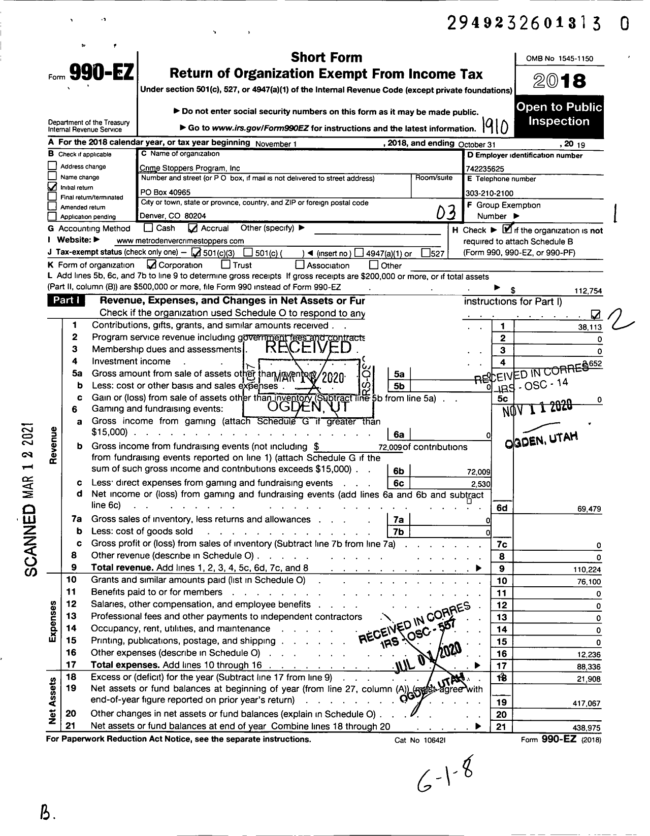 Image of first page of 2018 Form 990EZ for Crime Stoppers Program