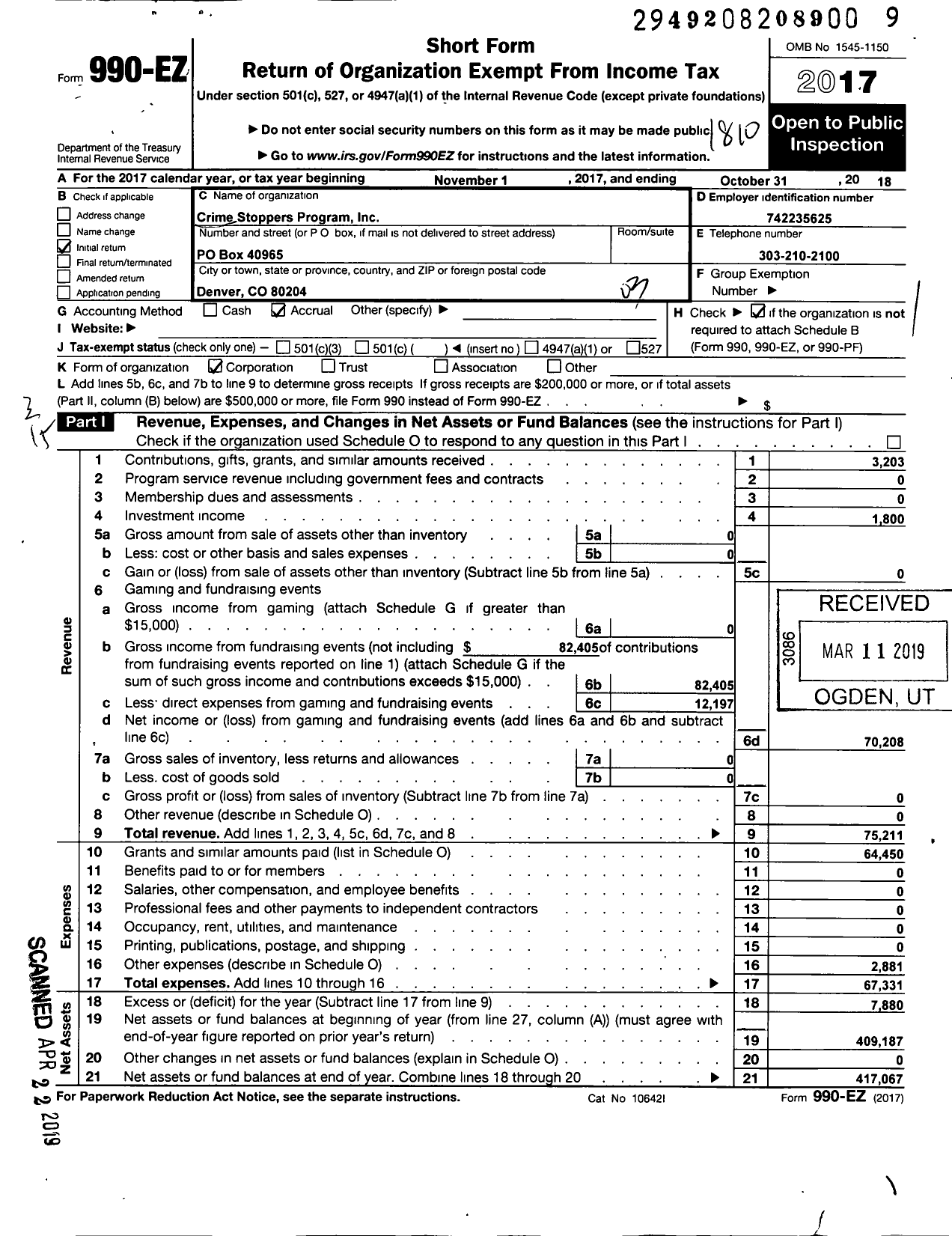 Image of first page of 2017 Form 990EZ for Crime Stoppers Program