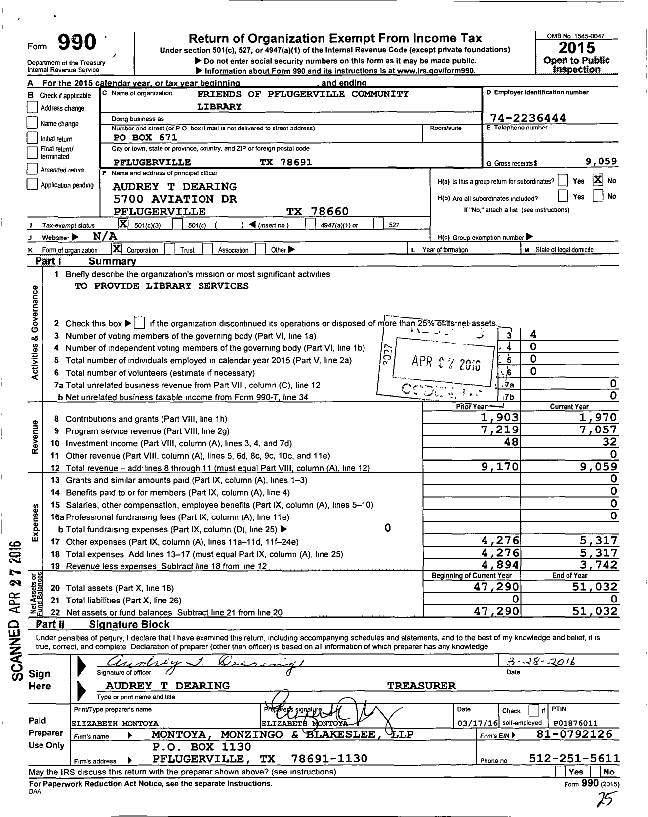 Image of first page of 2015 Form 990 for Friends of the Pflugerville Library