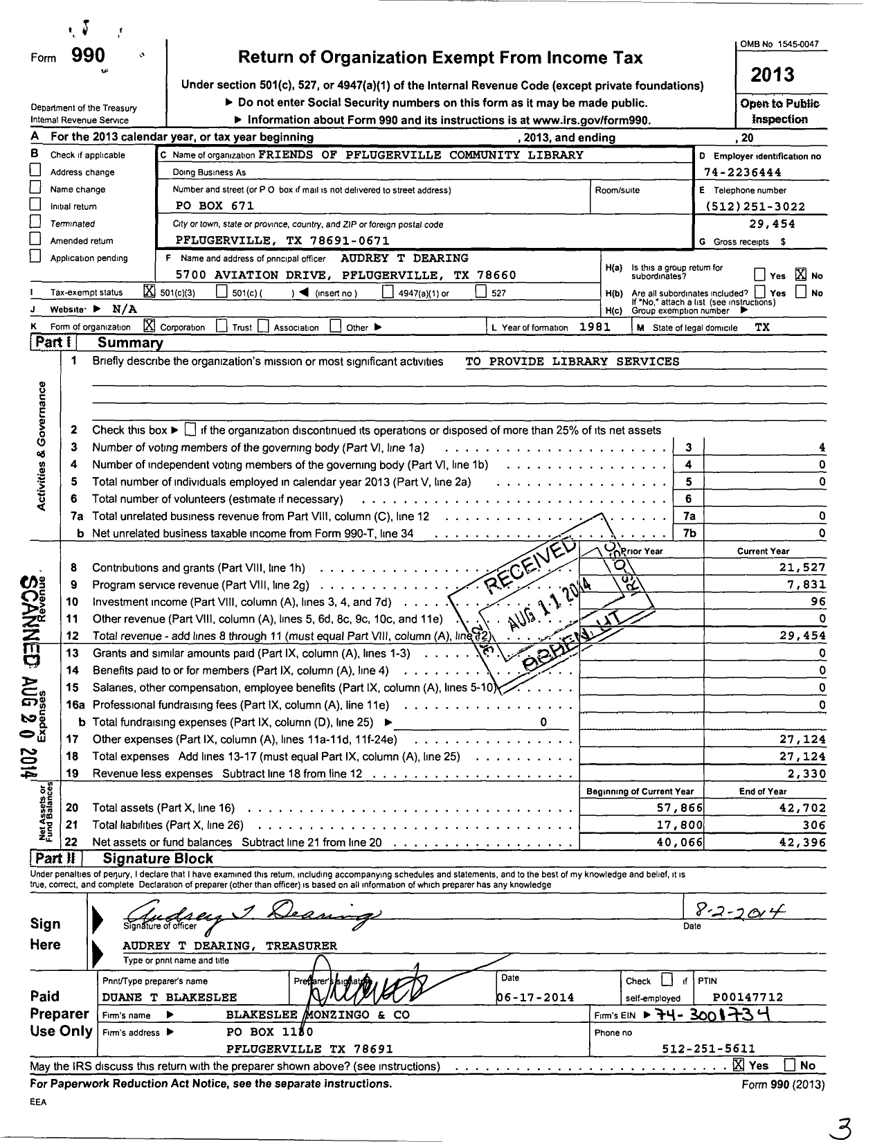 Image of first page of 2013 Form 990 for Friends of the Pflugerville Library