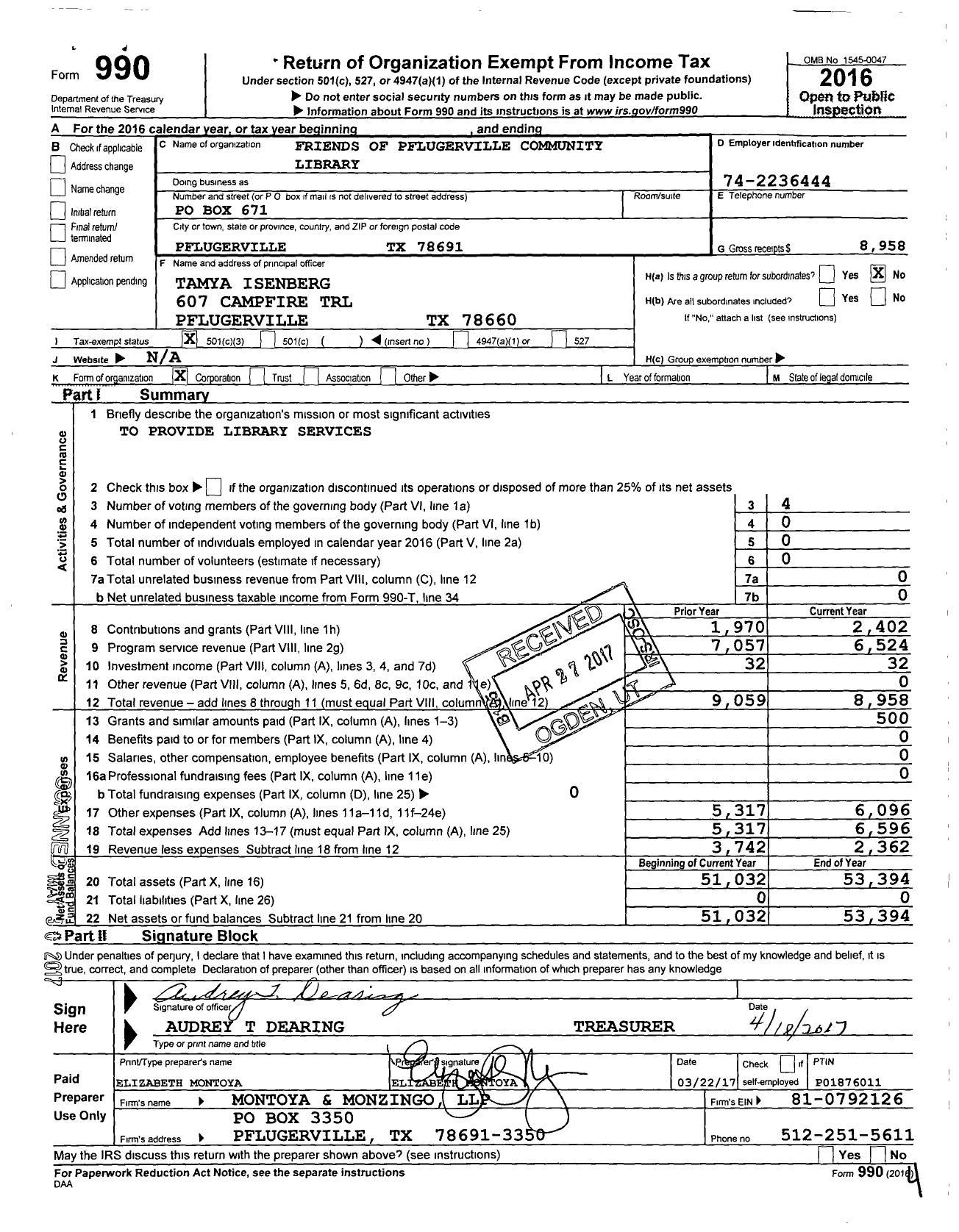 Image of first page of 2016 Form 990 for Friends of the Pflugerville Library