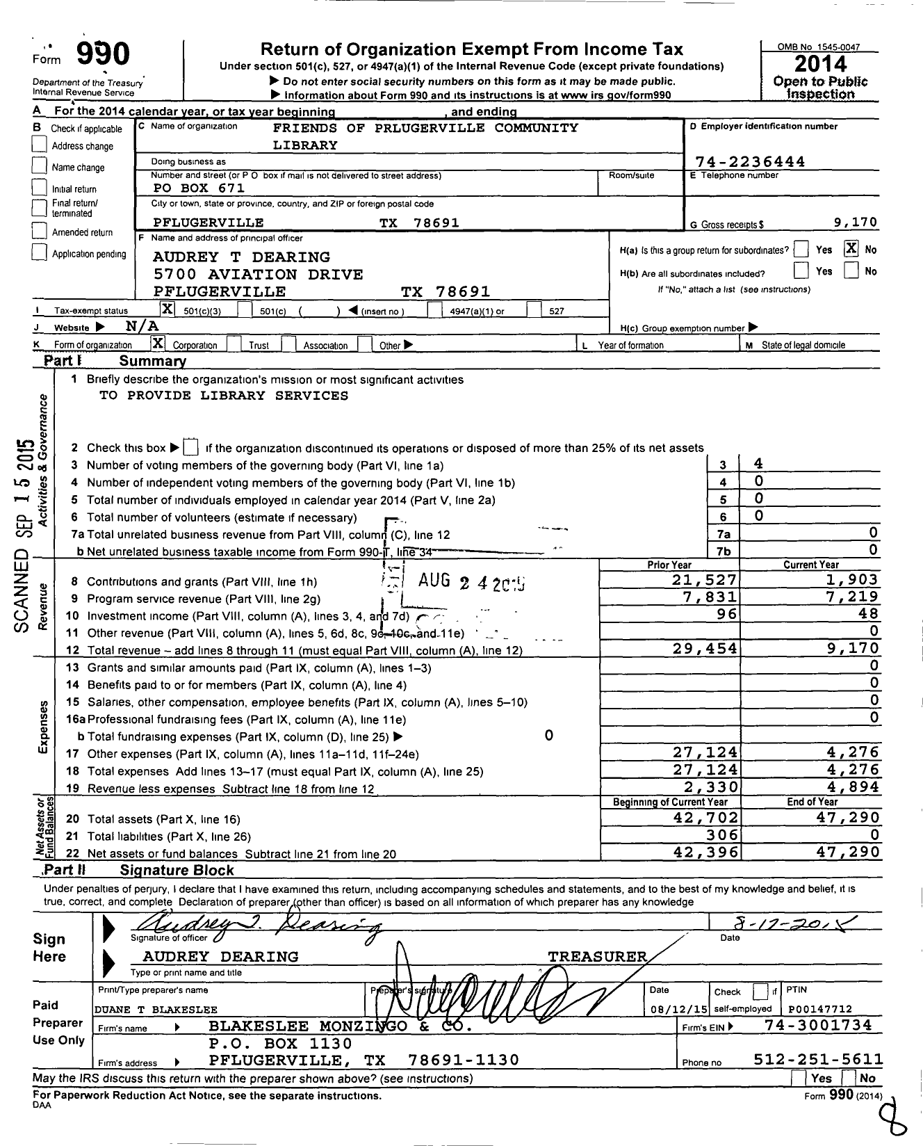 Image of first page of 2014 Form 990 for Friends of the Pflugerville Library