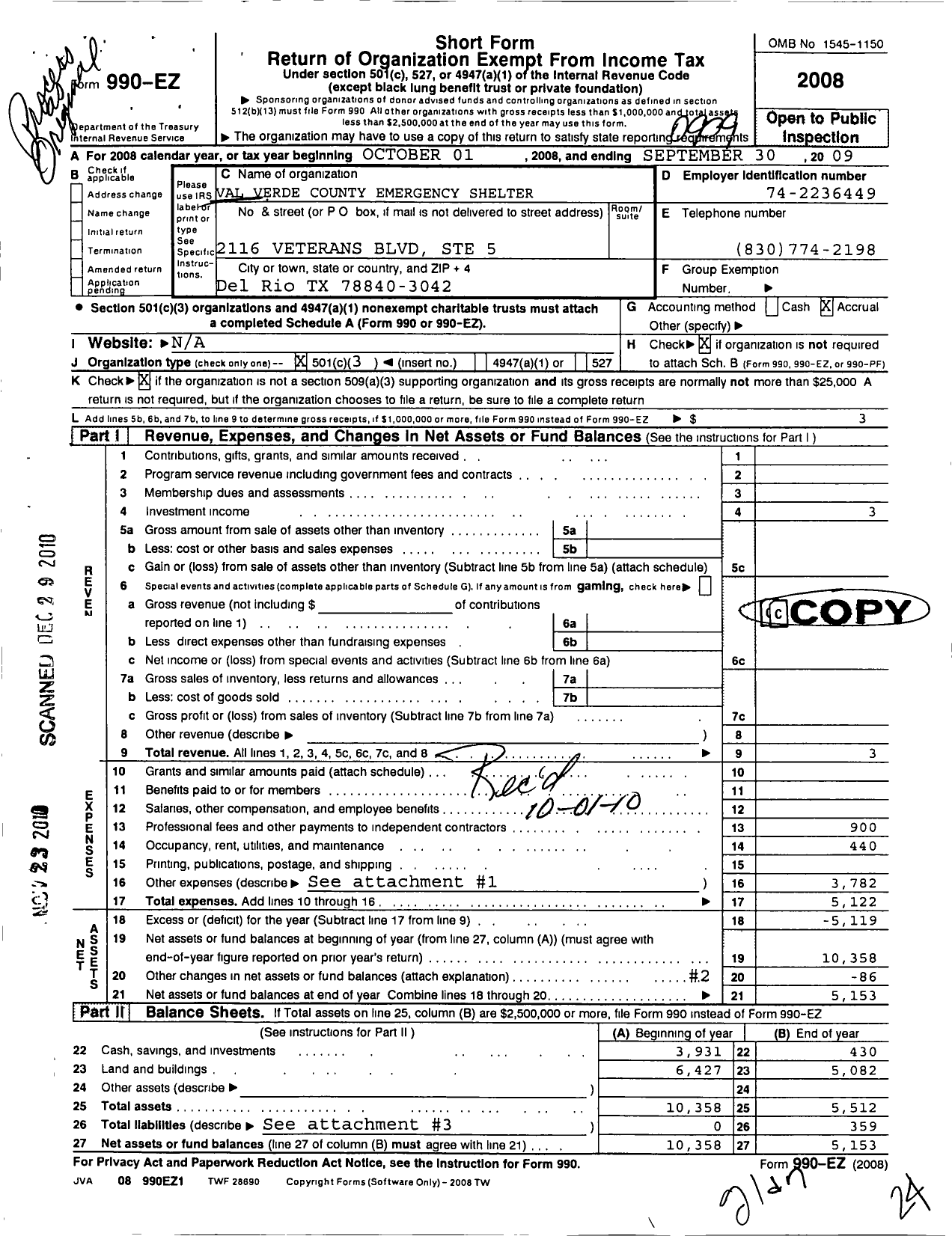 Image of first page of 2008 Form 990EZ for Val Verde County Emergency Shelter Incorporated