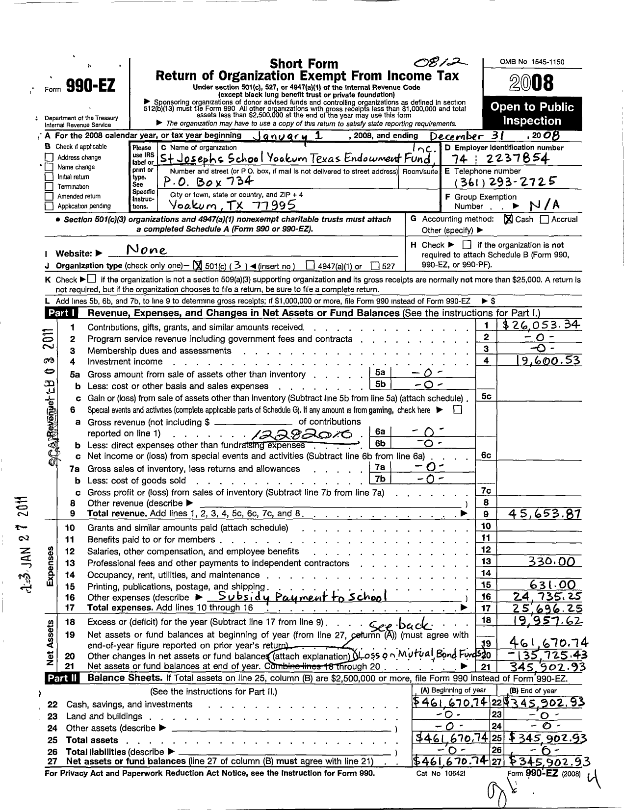 Image of first page of 2008 Form 990EZ for St Josephs School Yoakum Endowment Fund