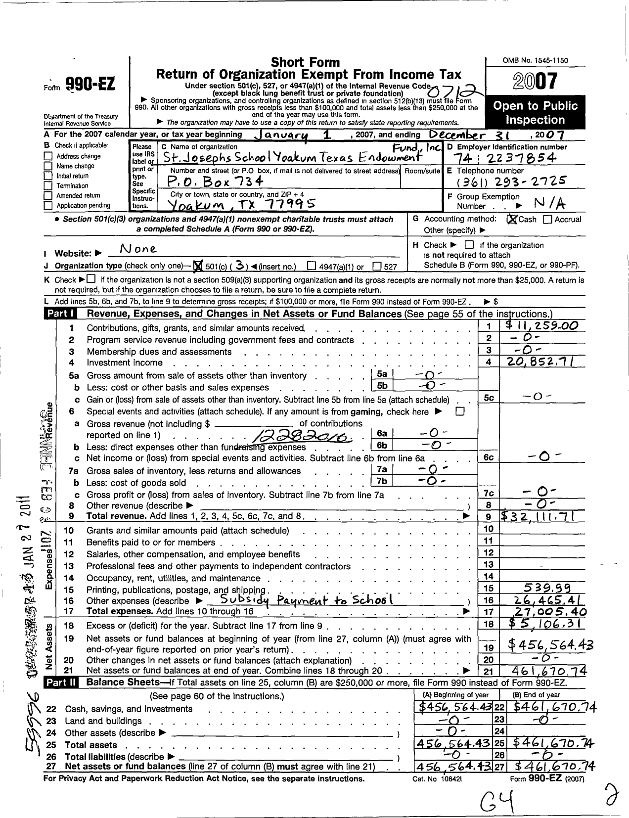 Image of first page of 2007 Form 990EZ for St Josephs School Yoakum Endowment Fund