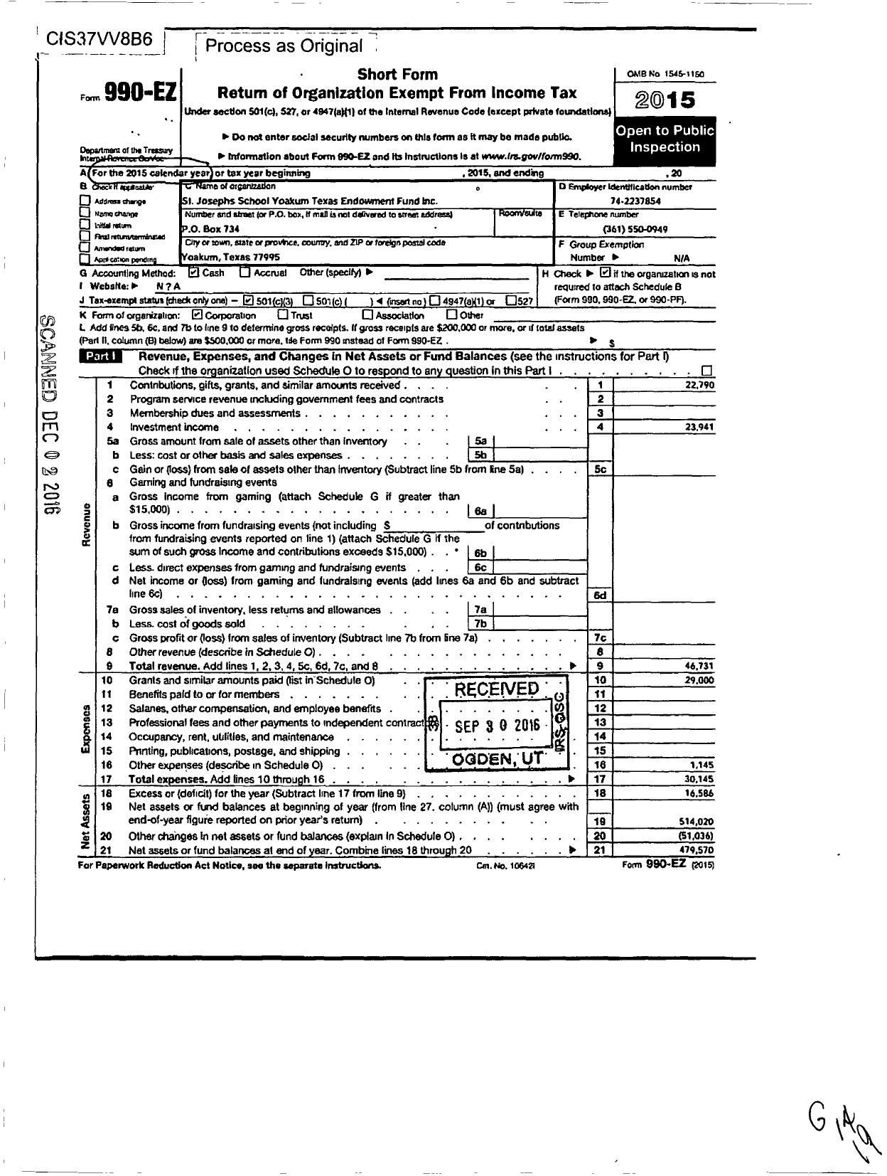 Image of first page of 2015 Form 990EZ for St Josephs School Yoakum Endowment Fund