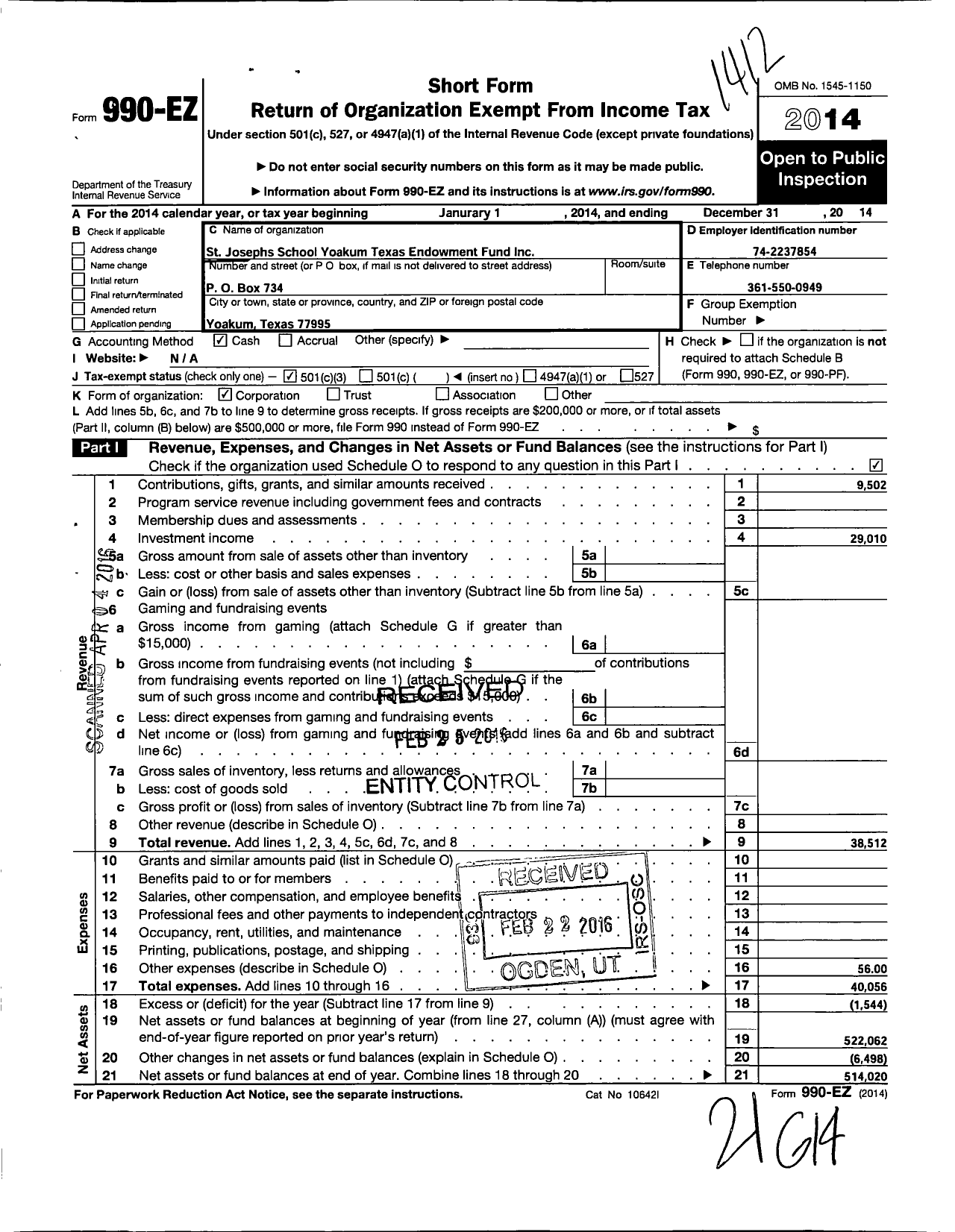 Image of first page of 2014 Form 990EZ for St Josephs School Yoakum Endowment Fund