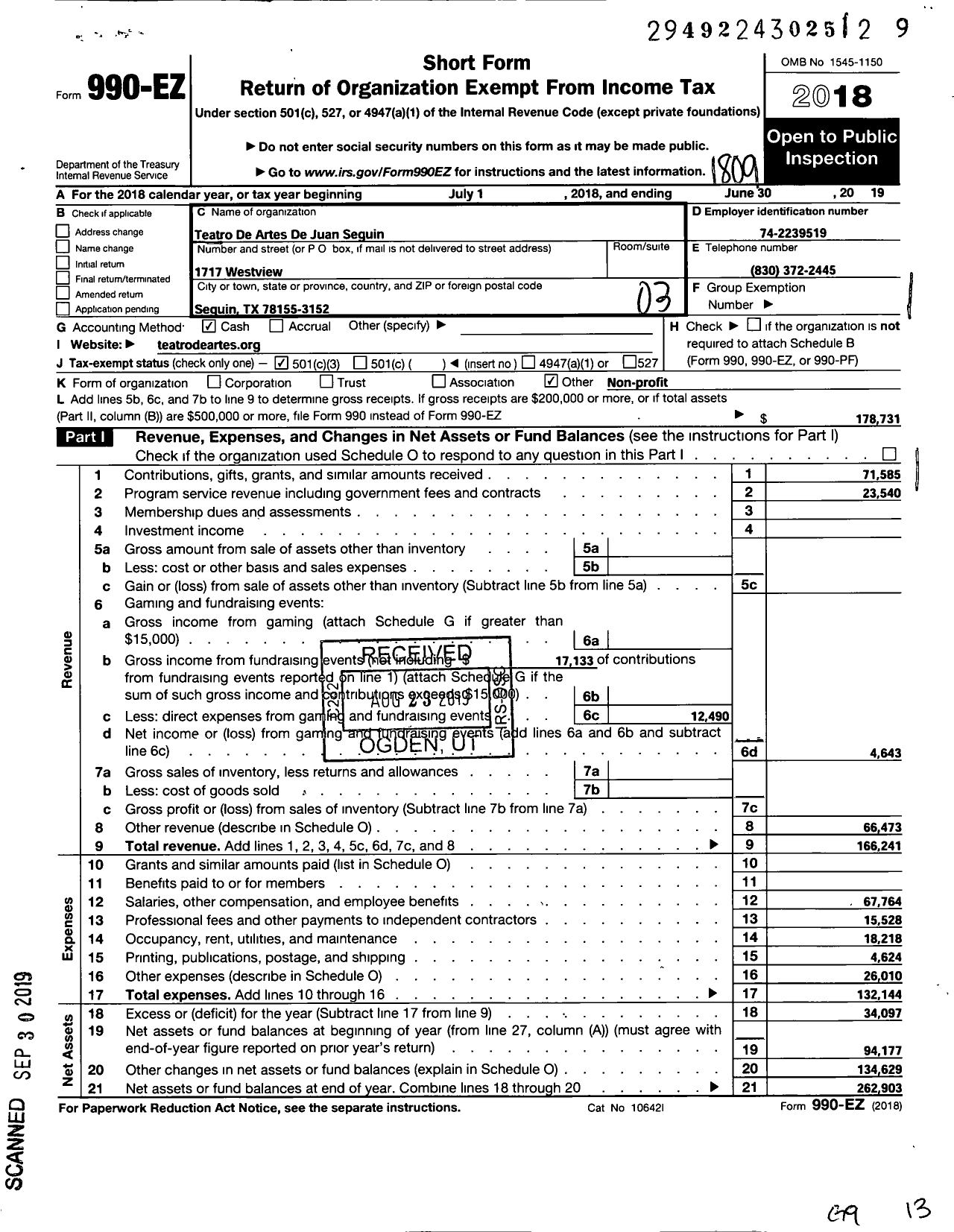 Image of first page of 2017 Form 990EZ for Teatro de Artes de Juan Seguin