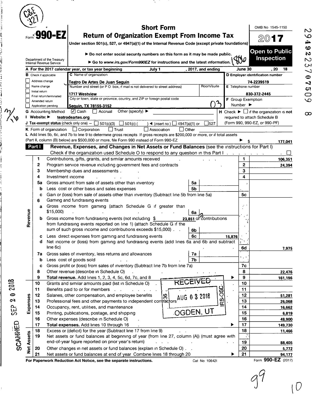 Image of first page of 2017 Form 990EZ for Teatro de Artes de Juan Seguin