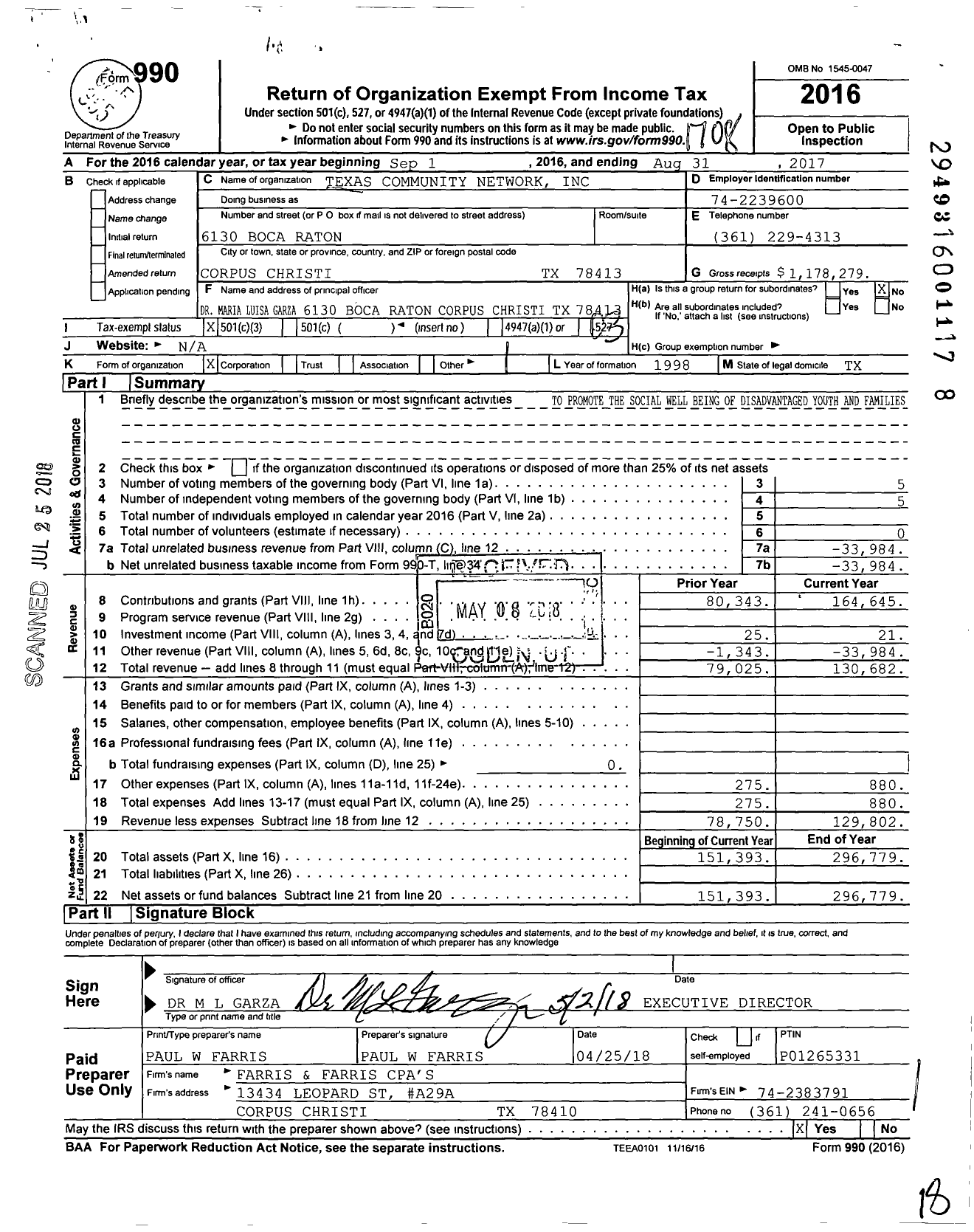 Image of first page of 2016 Form 990 for Texas Community Network