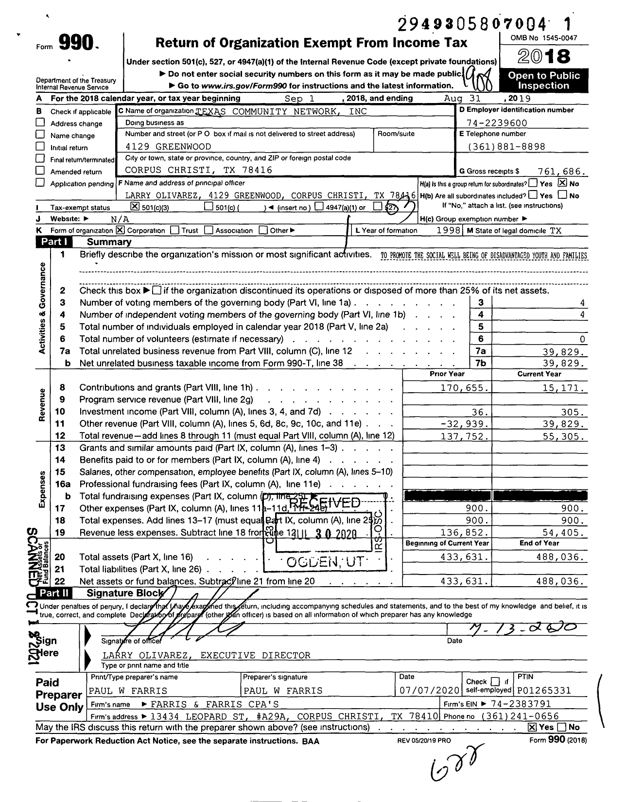 Image of first page of 2018 Form 990 for Texas Community Network