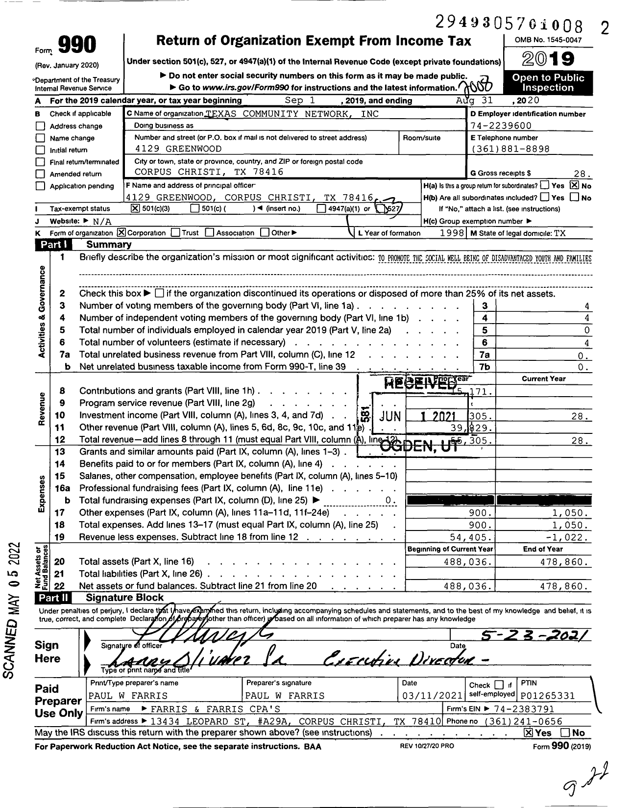 Image of first page of 2019 Form 990 for Texas Community Network