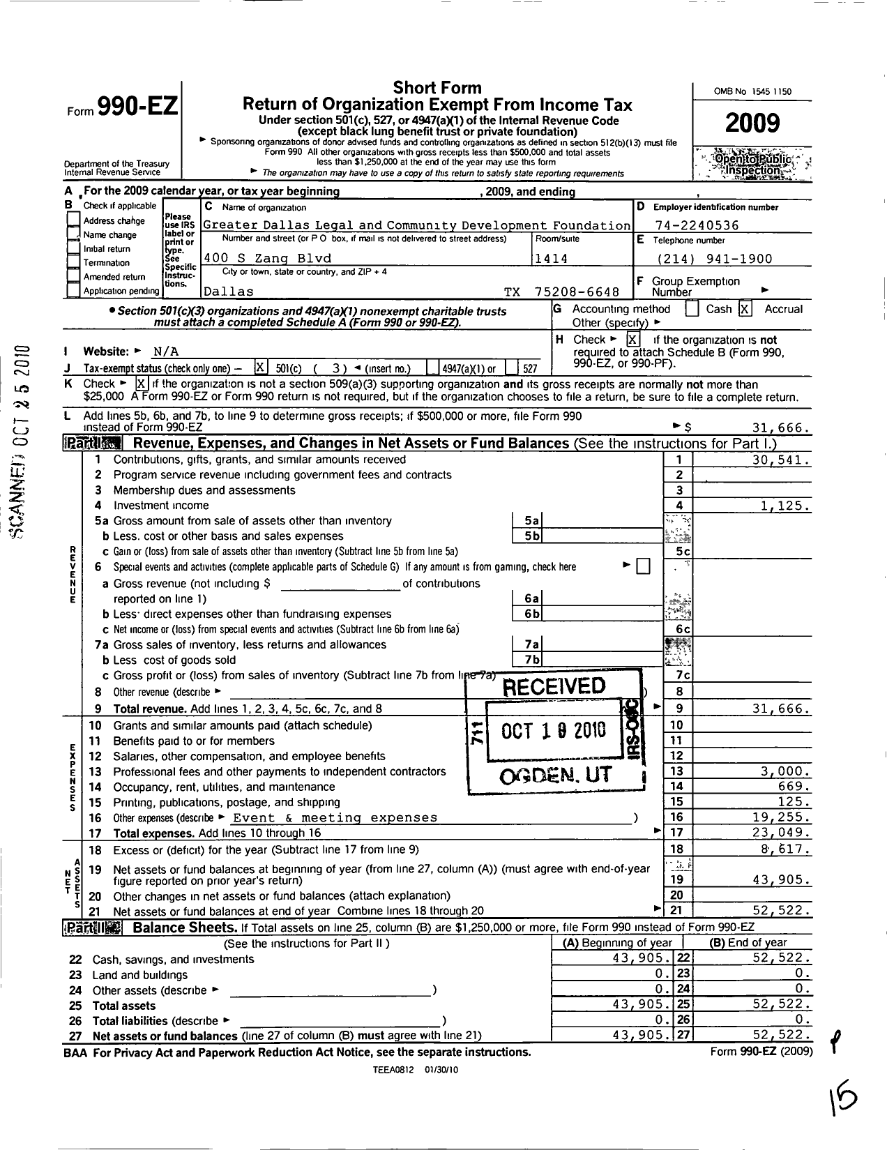 Image of first page of 2009 Form 990EZ for Greater Dallas Legal and Community Development Foundation