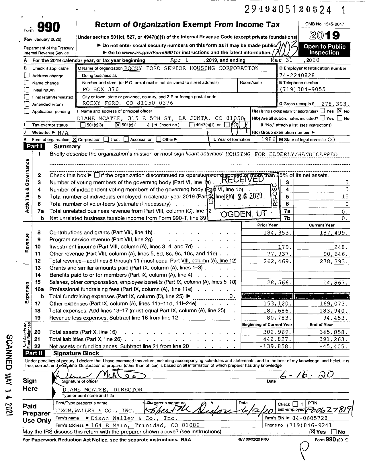 Image of first page of 2019 Form 990O for Rocky Ford Senior Housing Corporation