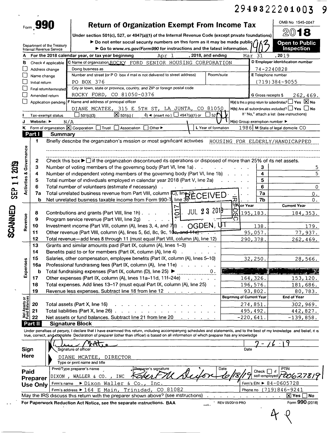 Image of first page of 2018 Form 990O for Rocky Ford Senior Housing Corporation