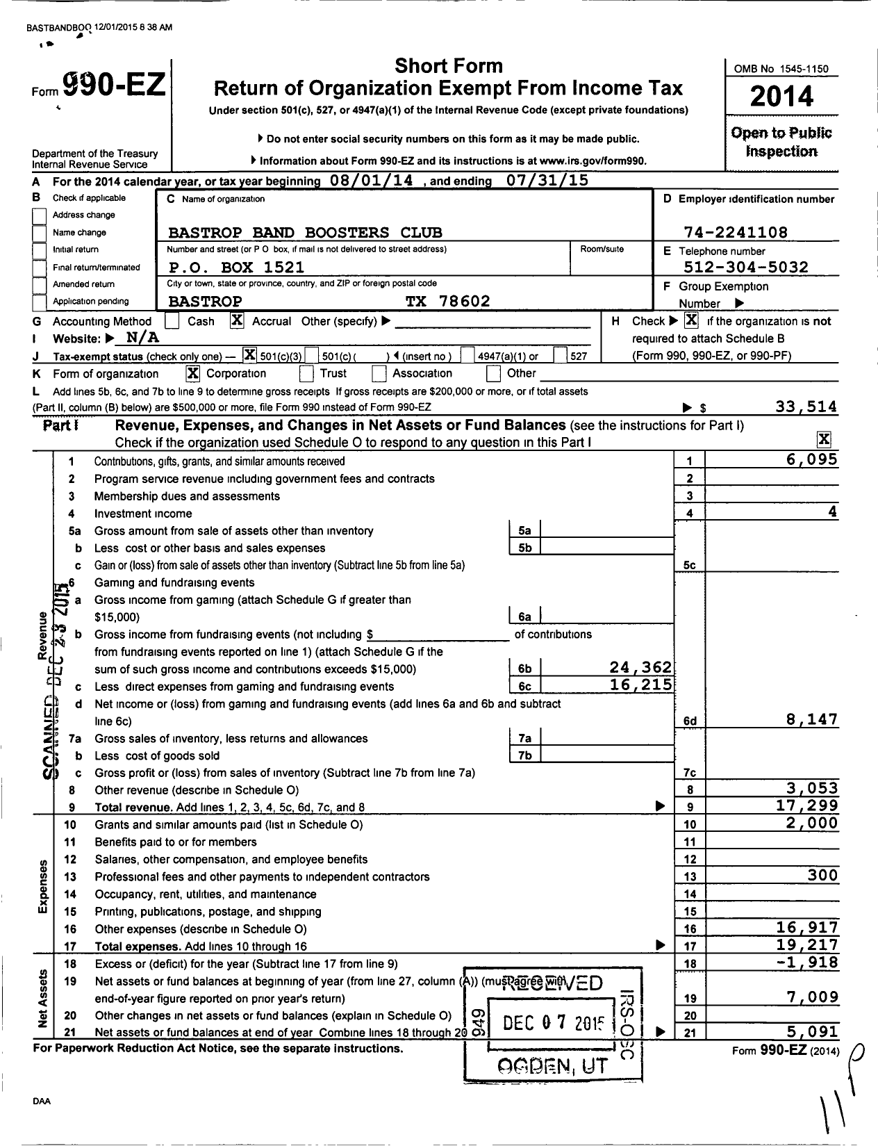 Image of first page of 2014 Form 990EZ for Bastrop Band Boosters Club