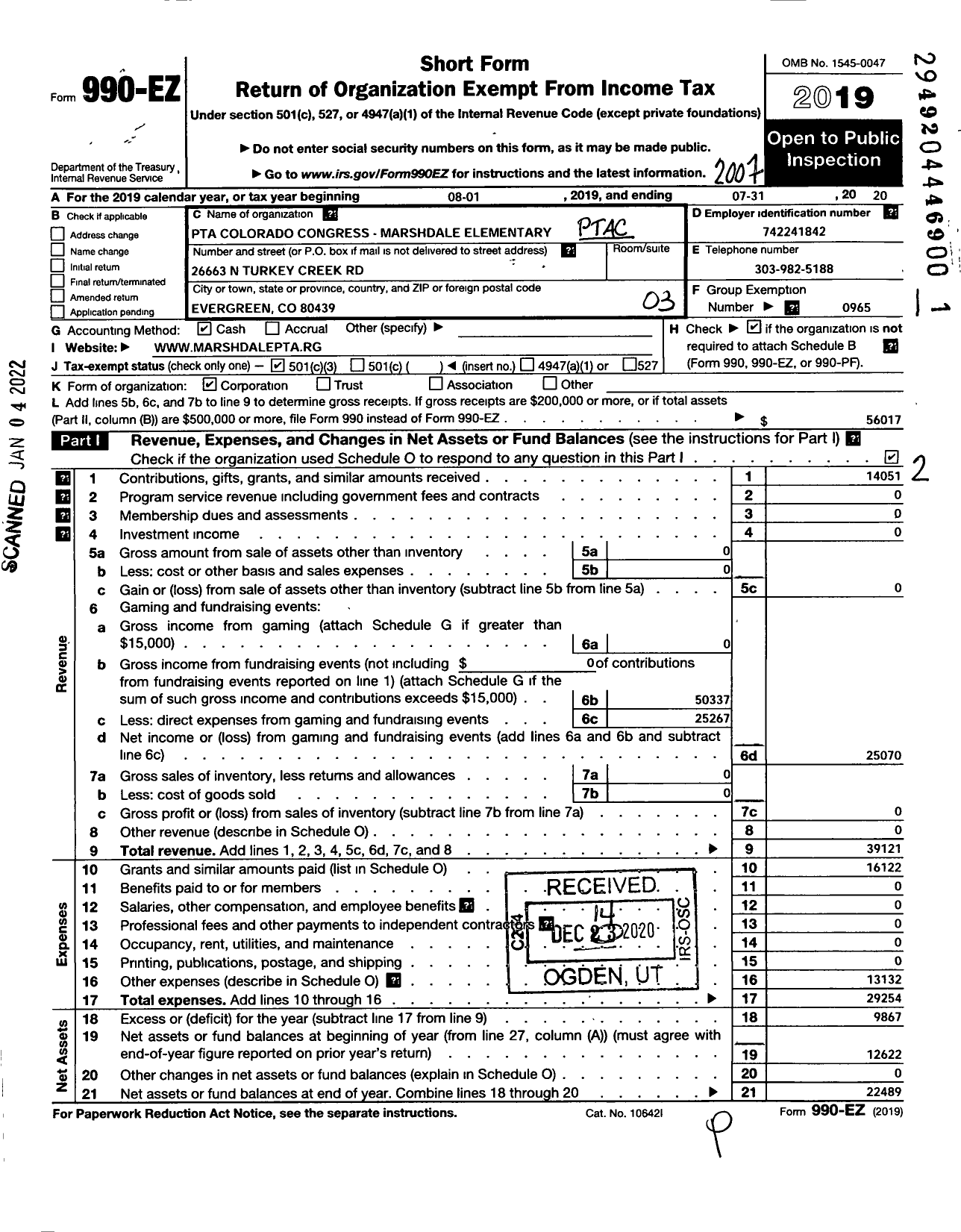Image of first page of 2019 Form 990EZ for PTA Colorado Congress Marshdale Elementary