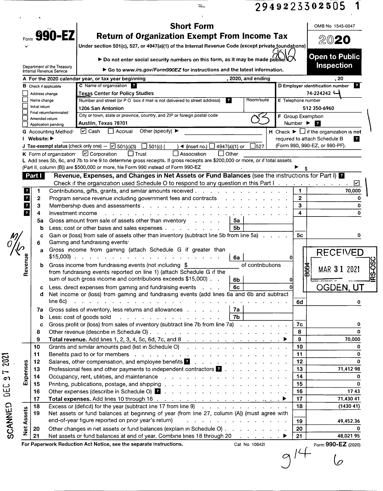 Image of first page of 2020 Form 990EZ for Texas Center for Policy Studies