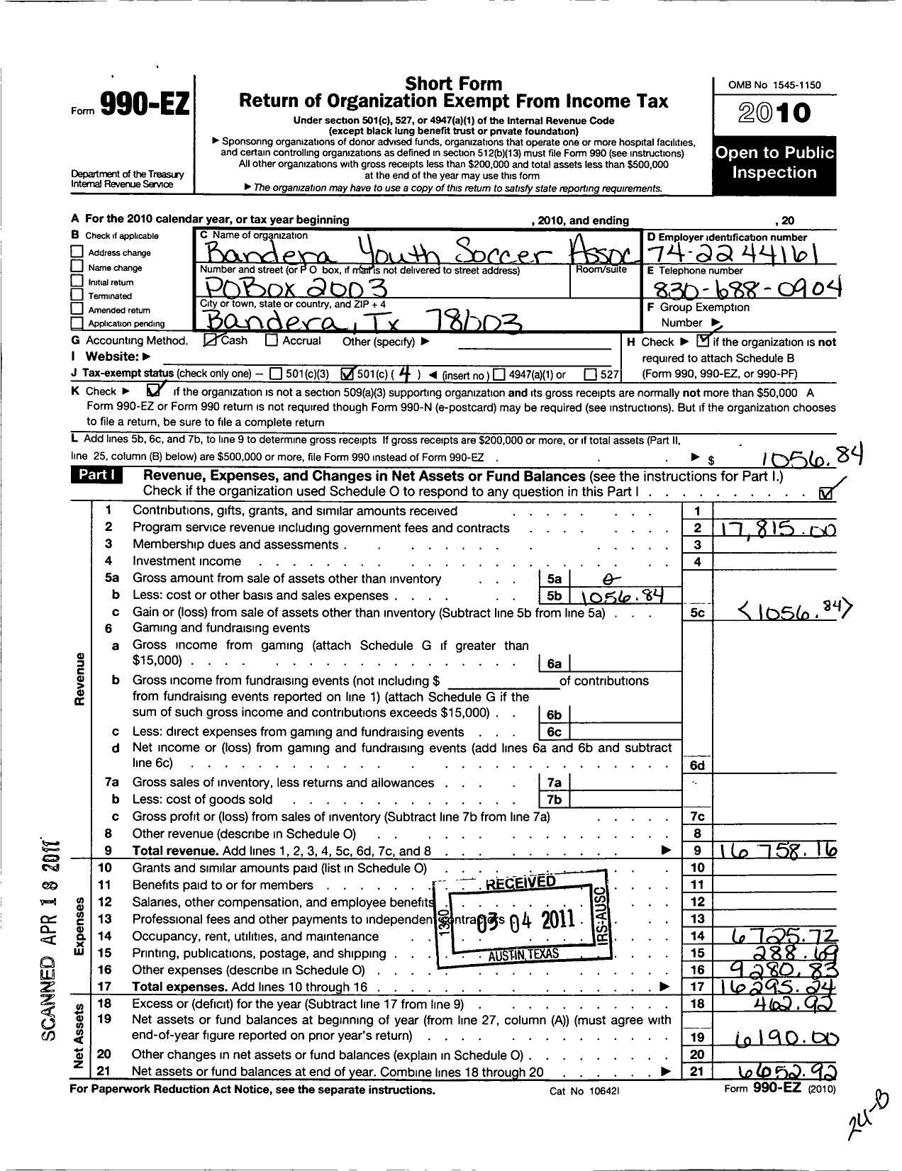 Image of first page of 2010 Form 990EO for Bandera County Youth Soccer Association