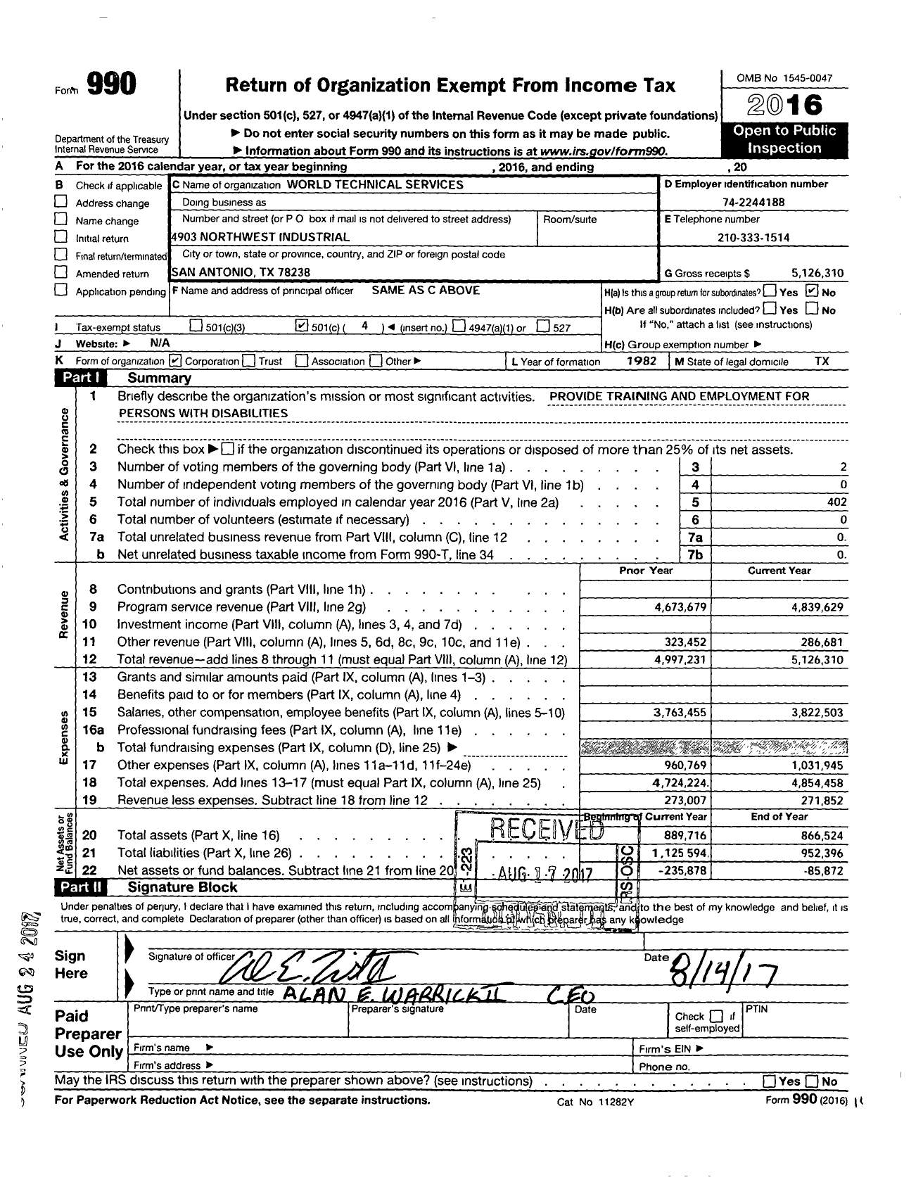 Image of first page of 2016 Form 990O for World Technical Services